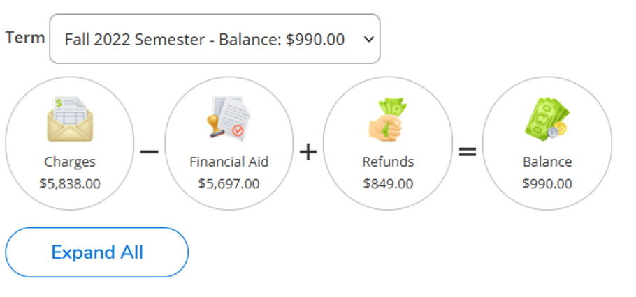 The Account Activity view displays detailed financial activity for your student account. It shows Charges, Financial Aid, Refunds, and Balance. You can click on any icon in the formula bar to go directly to that type of activity, or you can click on the individual types of activity displayed below the formula bar.