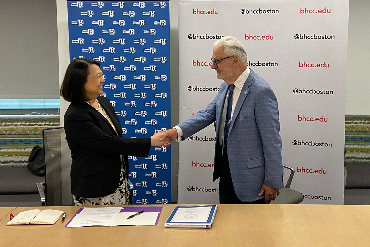 BHCC UMass Boston presidents shaking hands