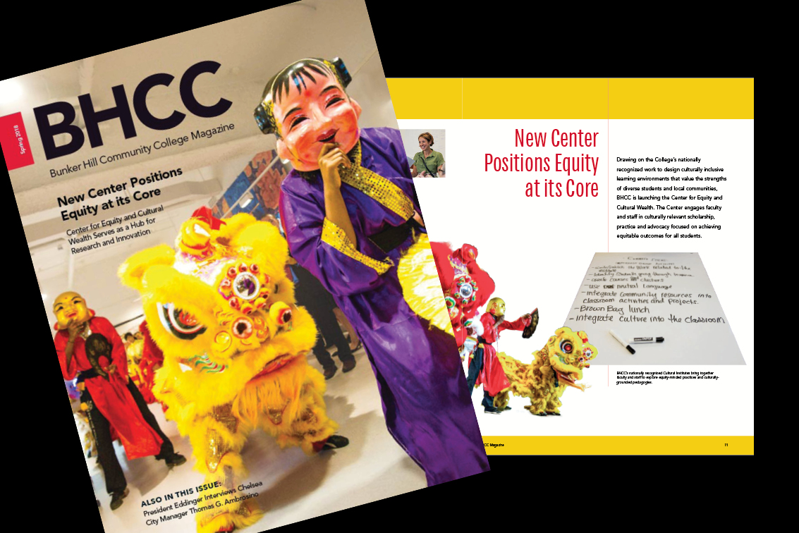 spread of the BHCC Magazine on a back background