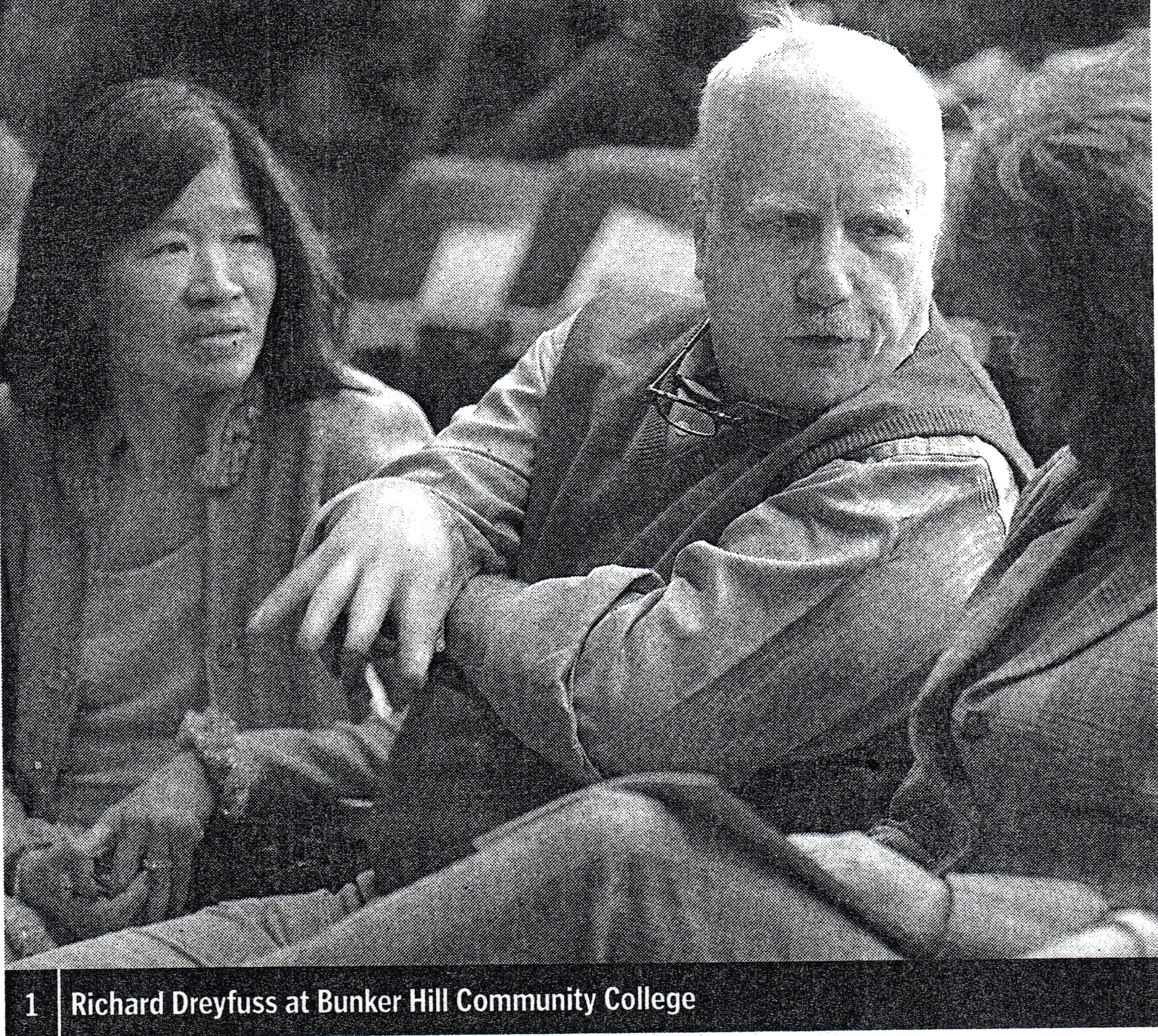 Richard_Dreyfuss07.jpg - Black and white photo of Richard Dreyfuss speaking with students at Bunker Hill Community college