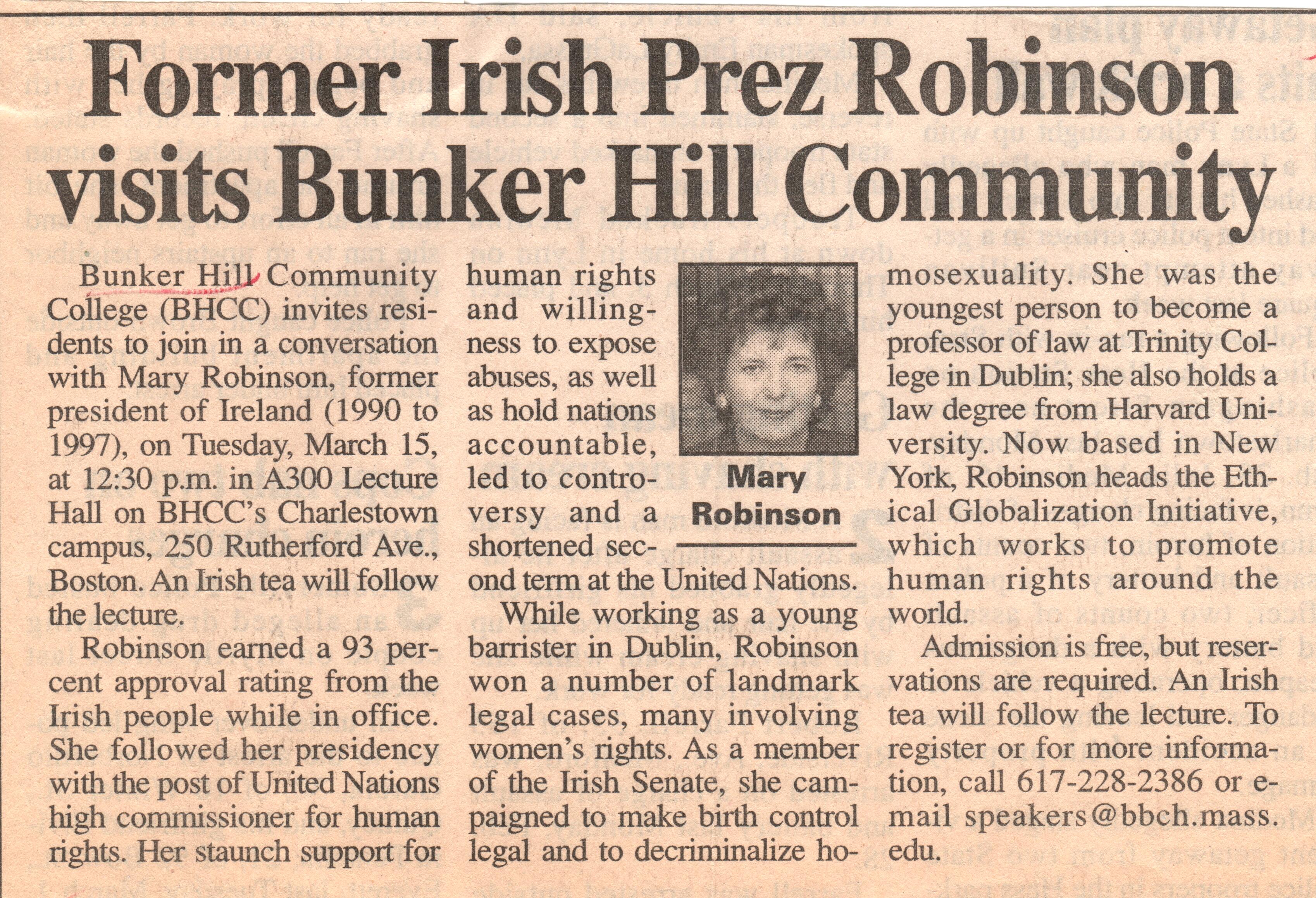 Mary_RobinsonNewspaper05.jpg - Newspaper article announcing Mary Robinson's visit to BHCC that discusses her work in the UN and accomplishments as president T