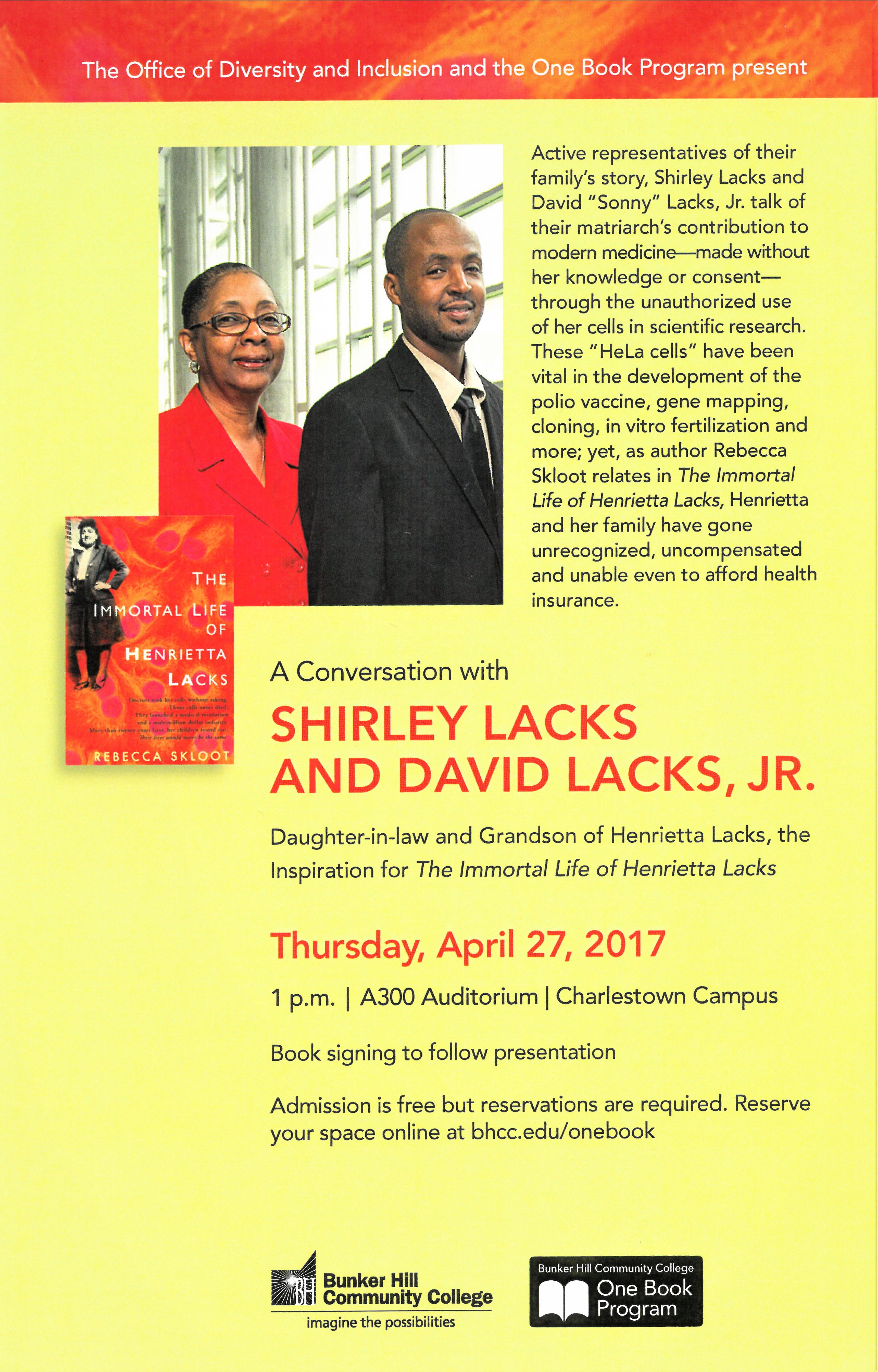 LacksFamily17.jpg - Event flyer for April 27, 2017's A Conversation with Shirley Lacks and David Lacks, Jr
