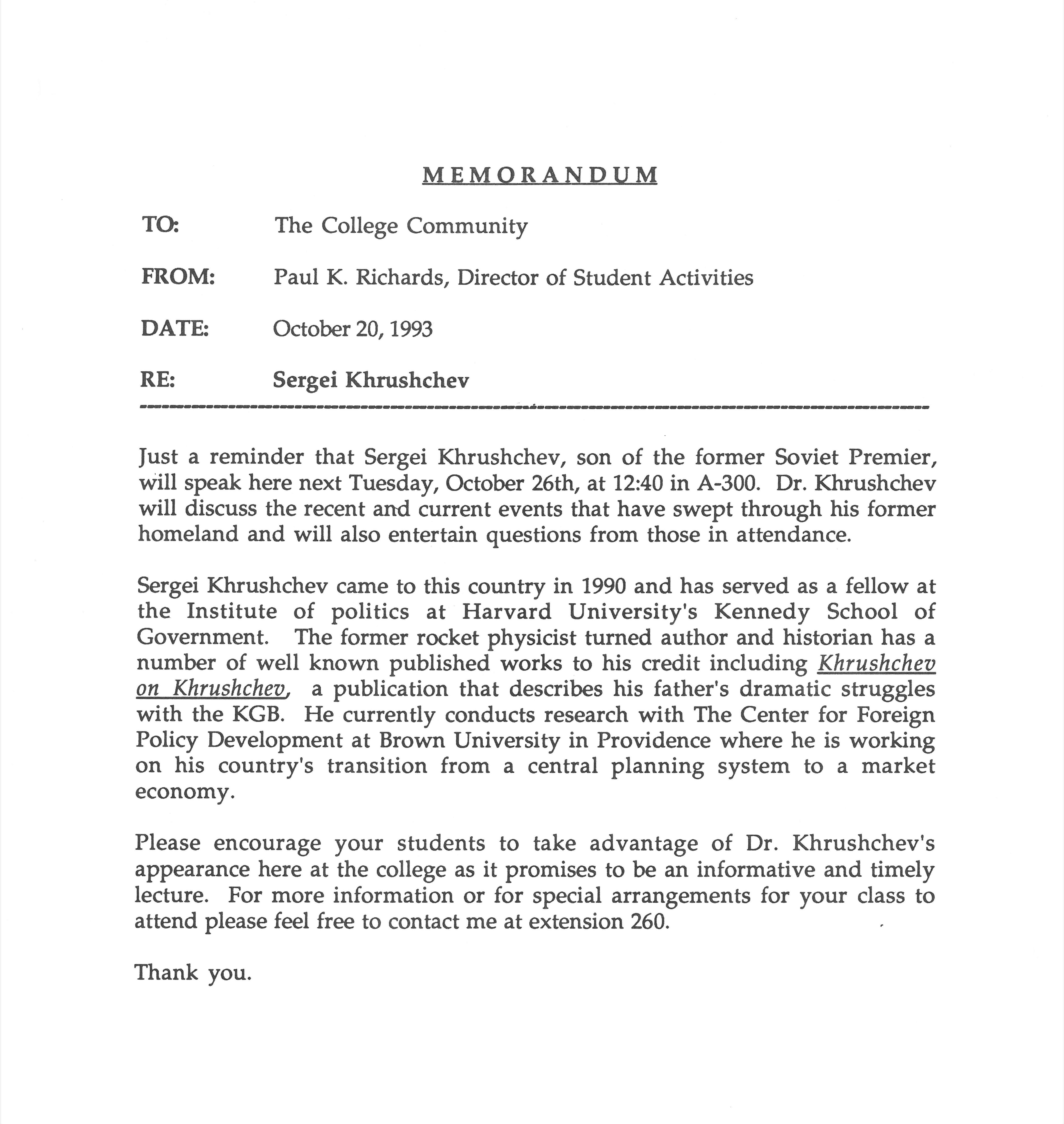 Sergei_Khrushchev_announcement93.jpg - Memo announcing Sergei Khrushchev's October 26th 1993 event