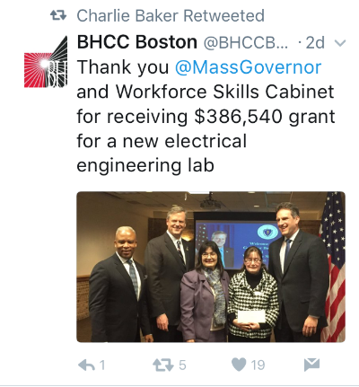 Tweet about workforce skills from BHCC