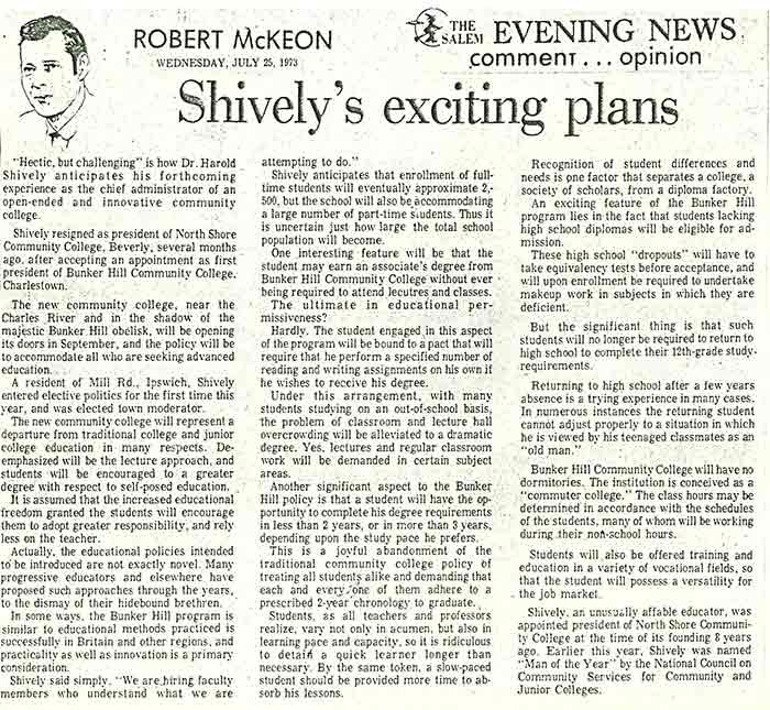 Salem Evening News Article July 25, 1973: Shively's exciting plan