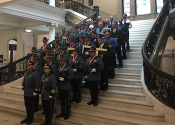 police officers lined up on the stairs